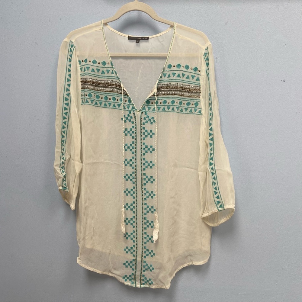 Matty M Boho Embroidered/Embellished Sheer Long Sleeve Tunic size Large